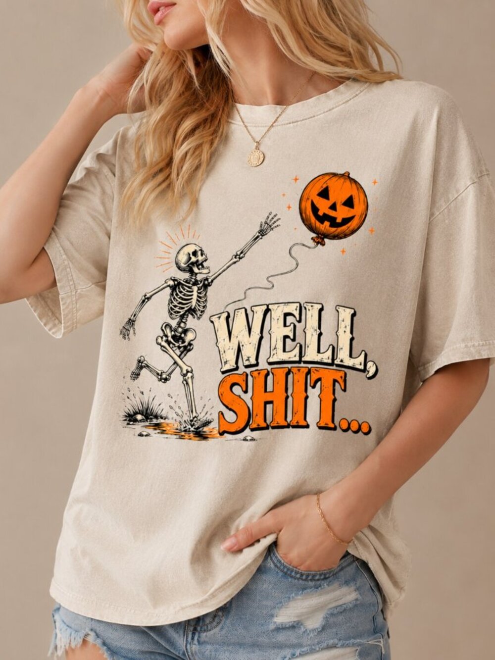 Skeleton Pumpkin Graphic Tee, Vintage Washed Oversize, Well Shit Halloween Shirt